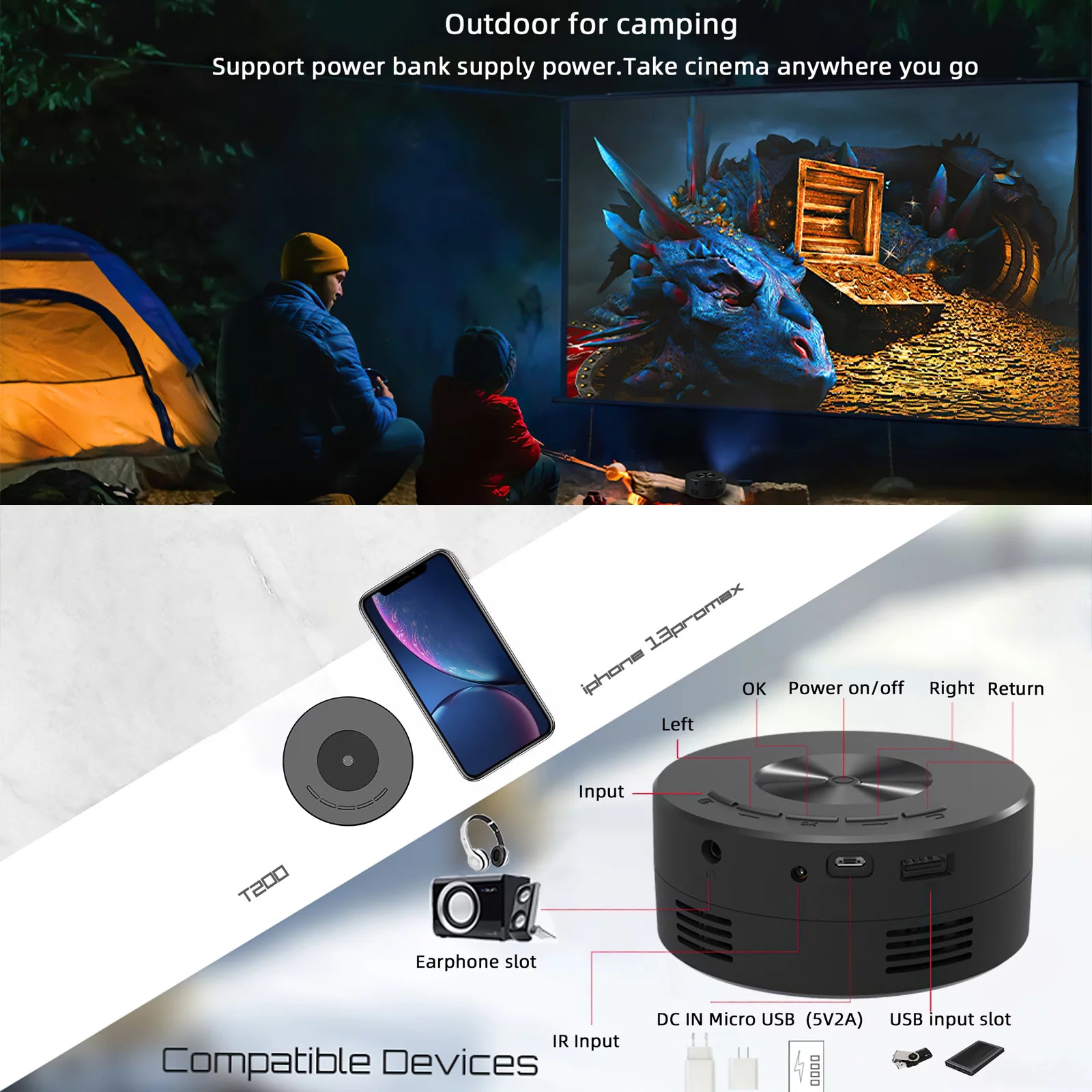 Mini Projector, 1920*1080P HD Home Theater Movie Projector, LED Pico Video Mobile Phone Projector W/ Remote Control