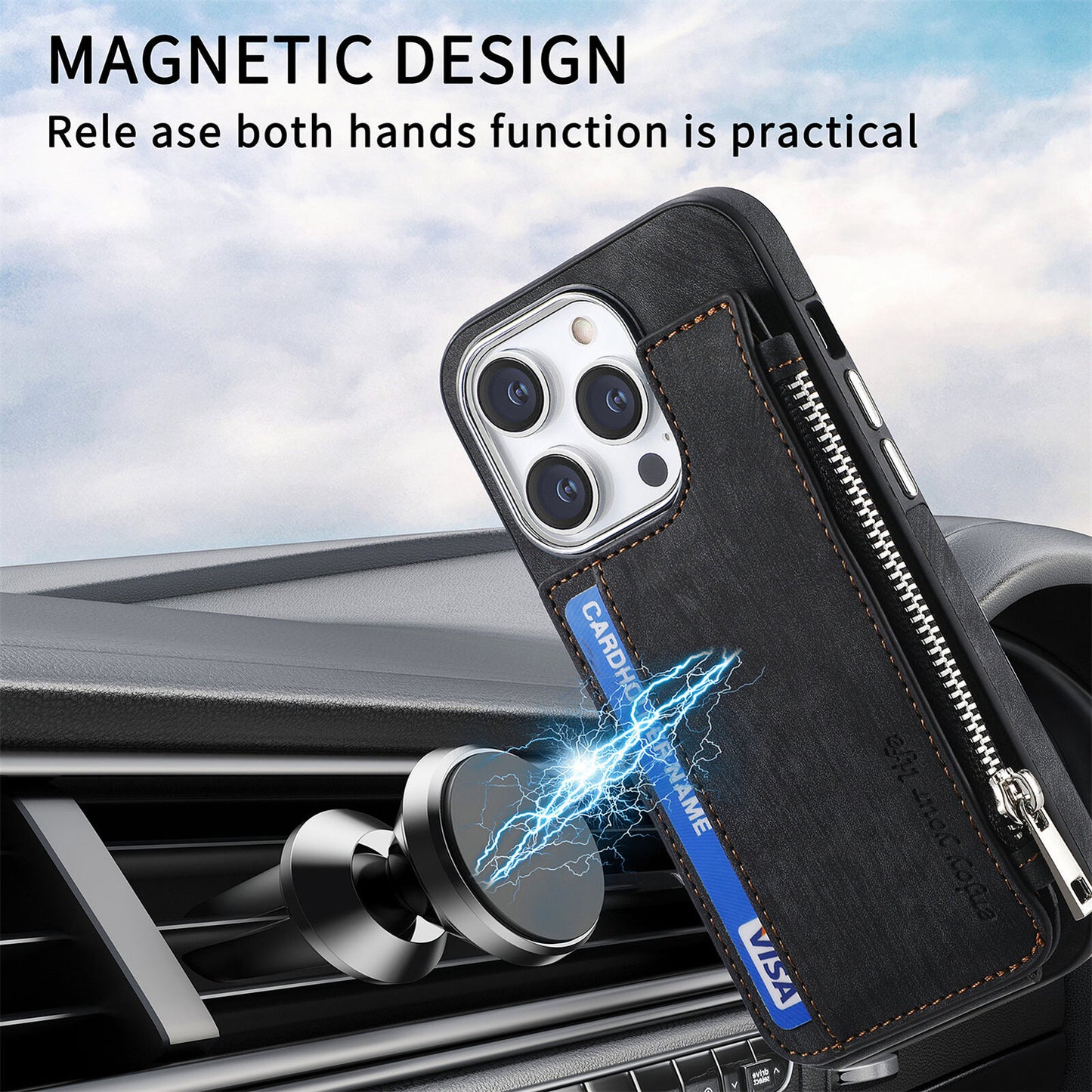 For Iphone 15 14 13 12 Pro Max Mag Safe Magnetic Case Flip Card Wallet Zipper